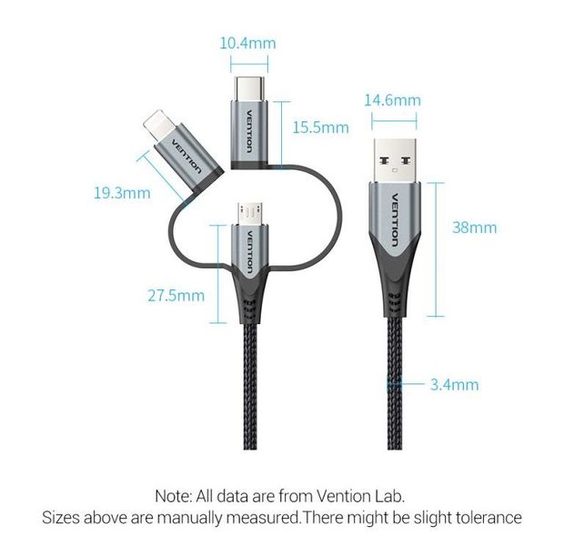 Кабель 3 в 1 USB-MicroUSB-Type-C-Lightning Vention TPE Nylon MFi C89 2А 480Mbps nickel-plated CQJHD фото