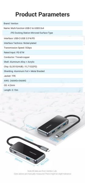 USB HUB Vention 5 в 1 Type-C-HDMI-USB-PD 4USB 3.0 87W 4K 30Hz TFDHB фото