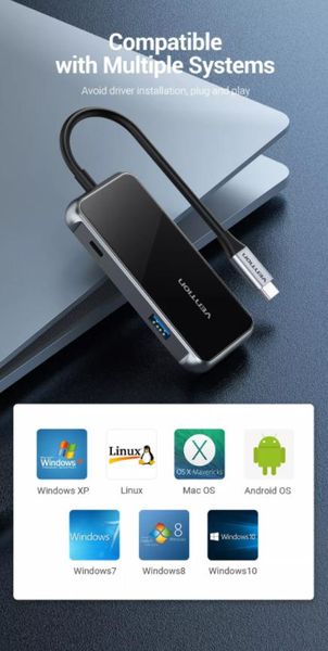 USB HUB Vention 5 в 1 Type-C-HDMI-USB-PD 4USB 3.0 87W 4K 30Hz TFDHB фото