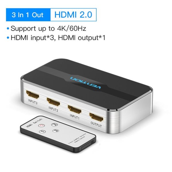 Спліттер Video 3 In 1 HDMI-HDMI v.2.0 Vention F/3xF 4k 60Hz (Support: 20m HDR 3D) gold-plated AFOH0 фото