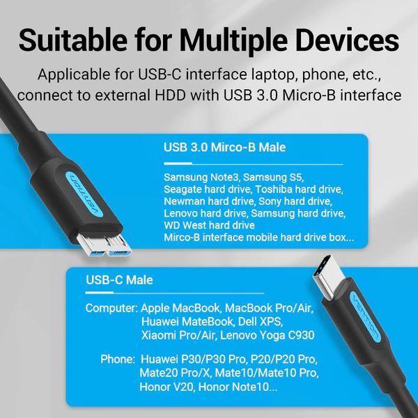 Кабель Type-C-MicroUSB-B 3.0 Vention M/M PVC Round nickel-plated 2A 5Gbps CQABD фото