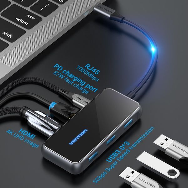 USB HUB Vention 6 в 1 Type-C-HDMI-RJ45-USB-PD 3USB 3.0 87W 4K 30Hz TFFHB фото