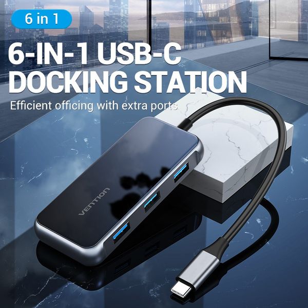 USB HUB Vention 6 в 1 Type-C-HDMI-RJ45-USB-PD 3USB 3.0 87W 4K 30Hz TFFHB фото