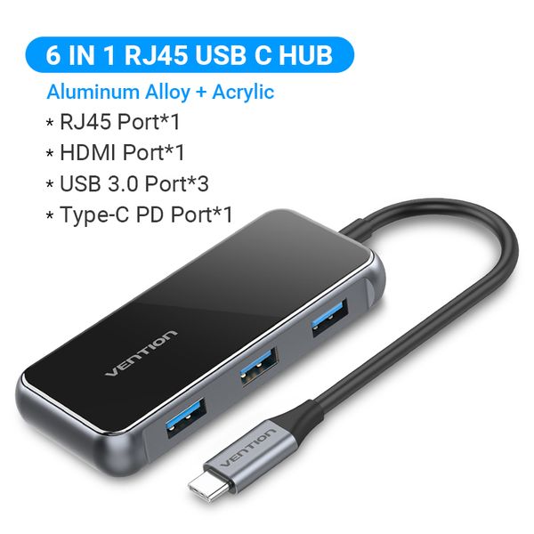 USB HUB Vention 6 в 1 Type-C-HDMI-RJ45-USB-PD 3USB 3.0 87W 4K 30Hz TFFHB фото