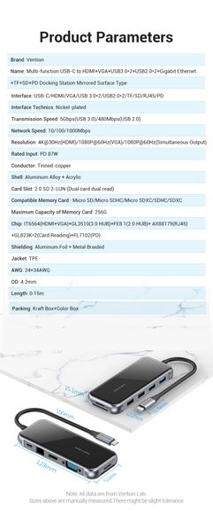 USB HUB Vention 10 в 1 Type-C-HDMI-RJ45-VGA-USB-PD TF SD 4USB 3.0 87W 4K 30Hz TFGHB фото