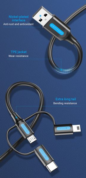 Кабель 3 в 1 USB-MicroUSB-Type-C-MiniUSB Vention PVC 2А 480Mbps nickel-plated CQIBD фото