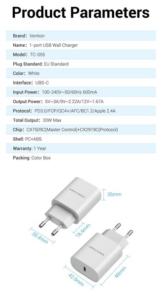 Адаптер мережевий 1Type-C Vention PD 20W QC4.0 2.4A TC-055-EU-W фото