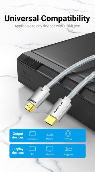 Кабель Vention HDMI-HDMI V2.1 (M/M) Cotton Braided 8K 60Hz 4K 120Hz 48Gbps Silver  ALCIF фото