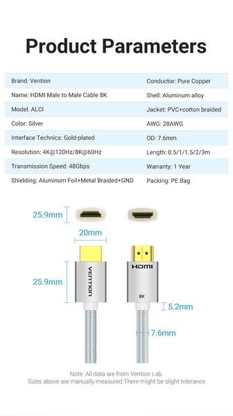 Кабель Vention HDMI-HDMI V2.1 (M/M) Cotton Braided 8K 60Hz 4K 120Hz 48Gbps Silver  ALCIF фото