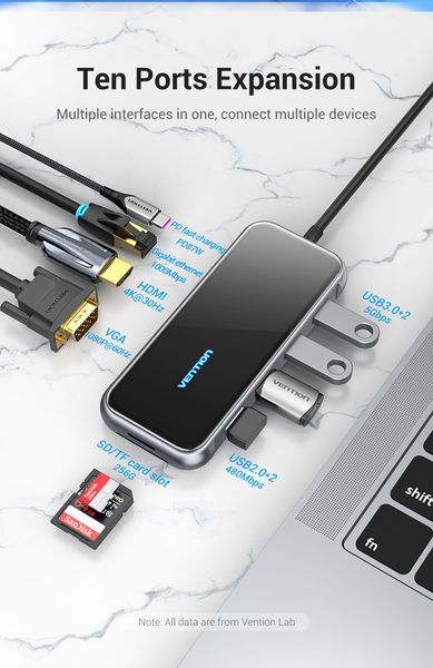 USB HUB Vention 10 в 1 Type-C-HDMI-RJ45-VGA-USB-PD TF SD 4USB 3.0 87W 4K 30Hz TFGHB фото