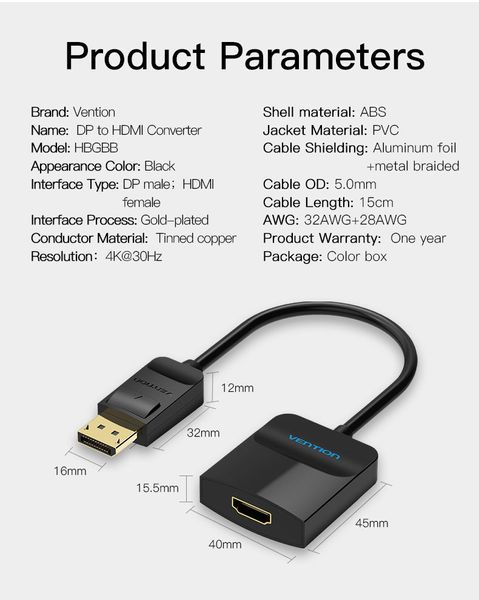 Адаптер Vention DisplayPort-HDMI 4K 30Hz Black HBGBB фото