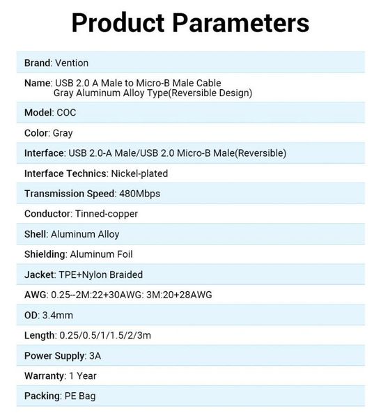 Кабель USB-MicroUSB Reversible Vention TPE Nylon 3A 480Mbps nickel-plated COCHC фото