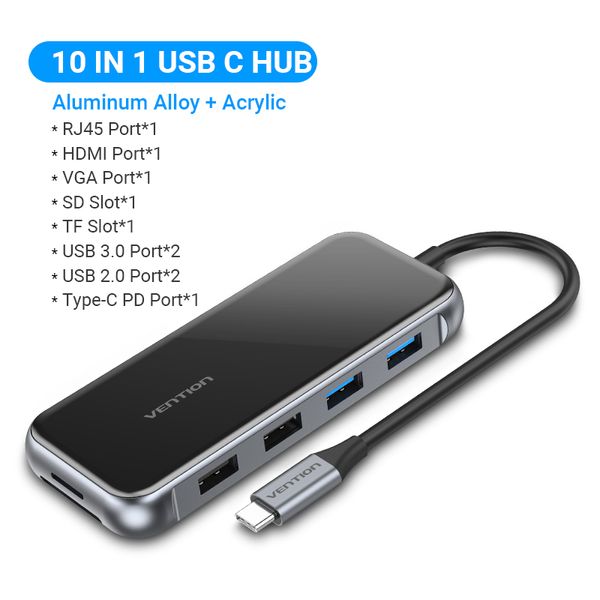 USB HUB Vention 10 в 1 Type-C-HDMI-RJ45-VGA-USB-PD TF SD 4USB 3.0 87W 4K 30Hz TFGHB фото