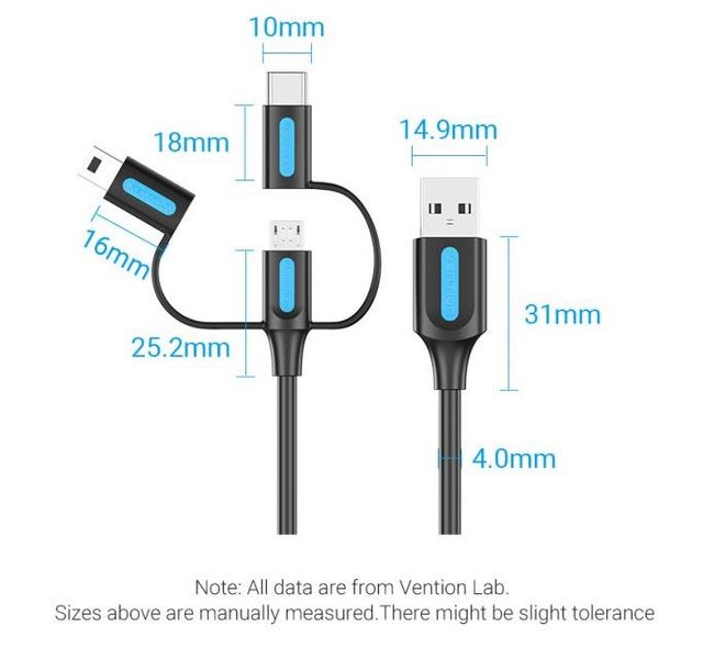 Кабель 3 в 1 USB-MicroUSB-Type-C-MiniUSB Vention PVC 2А 480Mbps nickel-plated CQIBD фото