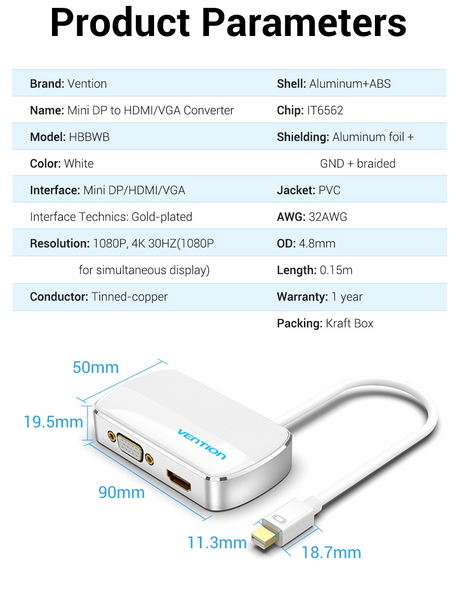 Адаптер 2 In 1 MiniDisplayPort-HDMI-VGA Vention M/2xF 4k 30Hz gold-plated 0.15m White (HBBWB) HBBWB фото