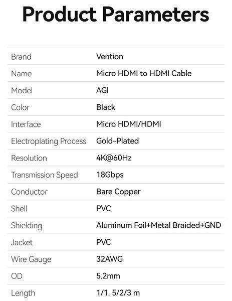 Кабель HDMI-microHDMI v.2.0 Vention Metal GND 4K 60Hz 18Gbps HDR Video Dolby Audio AGIBH фото