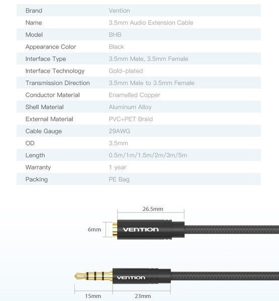 Подовжувач Audio Aux 3.5мм-3.5мм Vention mic Cotton F/M gold-plated BHBBH фото