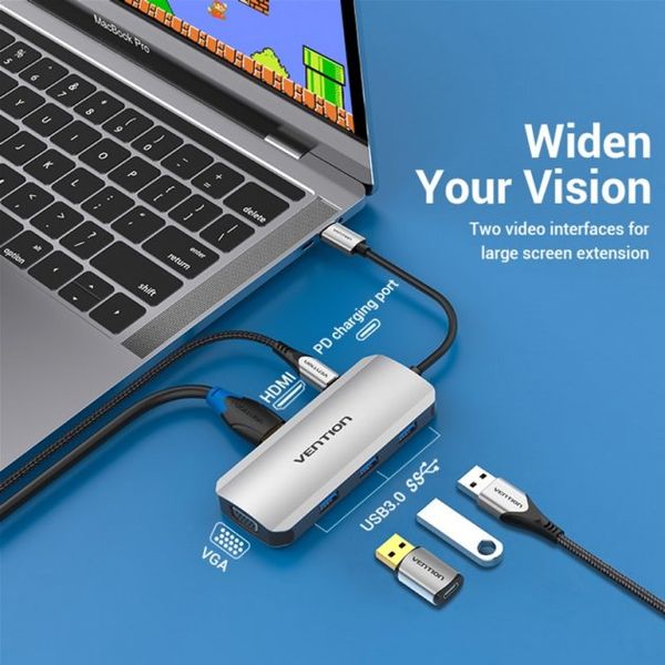 USB HUB 6 в 1 Vention Type-C-HDMI-VGA-USB 3USB 3.0 1Type-C 3.1 PD 100W 4K 30Hz 5Gbps TOIHB фото