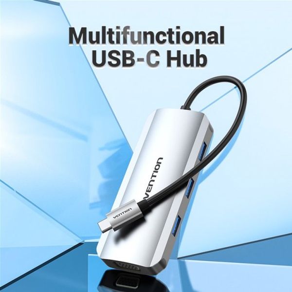 USB HUB 6 в 1 Vention Type-C-HDMI-VGA-USB 3USB 3.0 1Type-C 3.1 PD 100W 4K 30Hz 5Gbps TOIHB фото