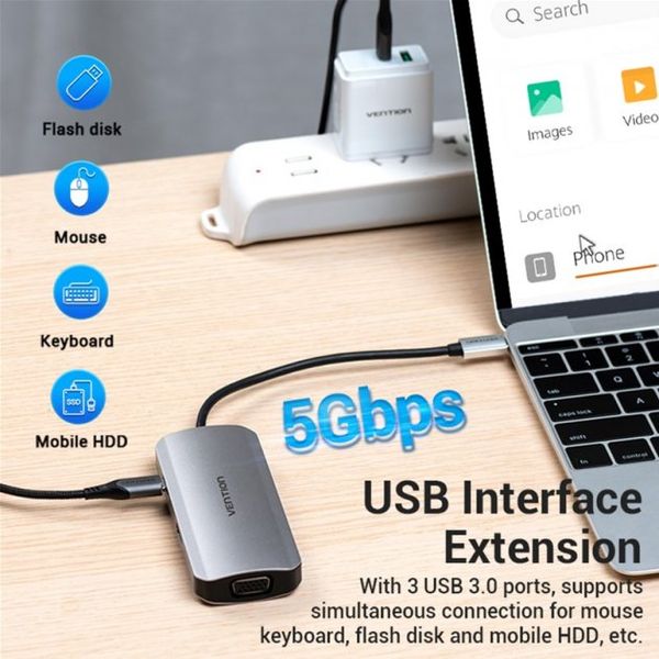 USB HUB 6 в 1 Vention Type-C-HDMI-VGA-USB 3USB 3.0 1Type-C 3.1 PD 100W 4K 30Hz 5Gbps TOIHB фото