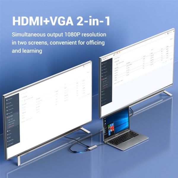 USB HUB 6 в 1 Vention Type-C-HDMI-VGA-USB 3USB 3.0 1Type-C 3.1 PD 100W 4K 30Hz 5Gbps TOIHB фото