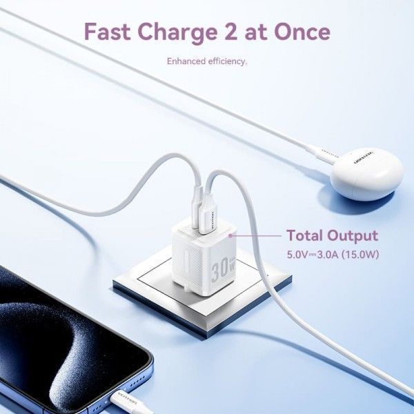 Зарядний пристрій Vention 2xUSB 30W (USB-A/USB-C) + USB-C cable М-М TZ-FEQW0-EU-01 фото