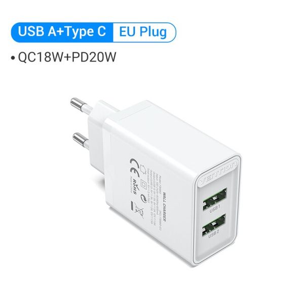 Адаптер сетевой 1USB 1Type-C Vention (A+C) PD 38W QC3.0 3.4A FBBW0-EU фото