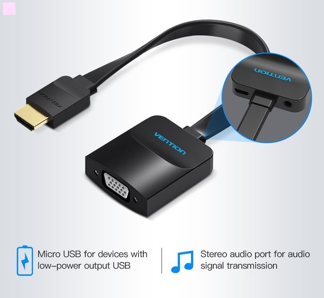 Адаптер HDMI-VGA v.1.4 Vention 0.2m Flat зі звуком та живленням Black (ACKBB) ACKBB фото