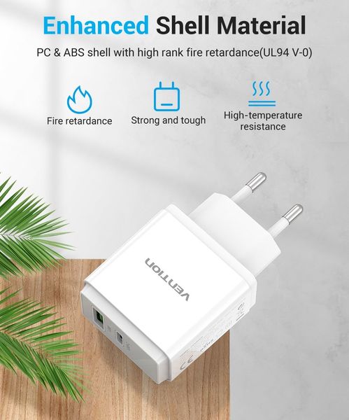 Адаптер мережевий 1USB 1Type-C Vention PD 38W QC3.0 3.4A QC67-EU-W фото