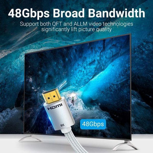 Кабель Vention HDMI-HDMI V2.1 (M/M) Cotton Braided 8K 60Hz 4K 120Hz 48Gbps Silver  ALCIH фото