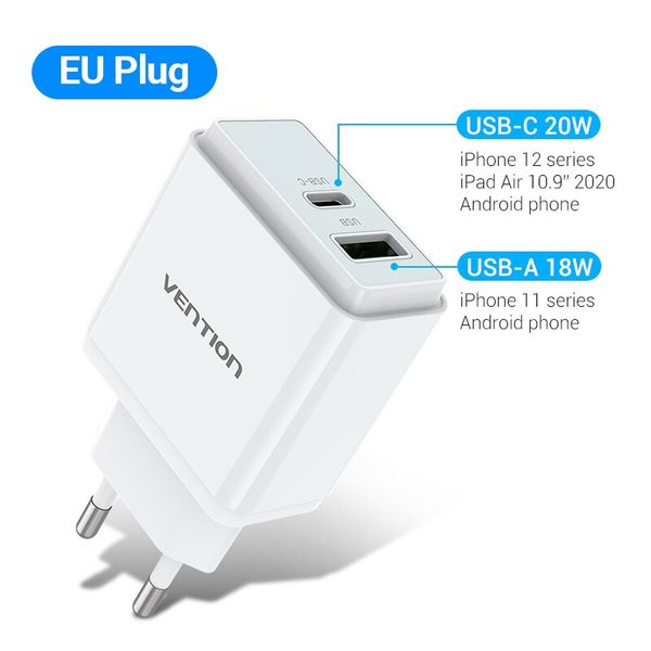 Адаптер мережевий 1USB 1Type-C Vention PD 38W QC3.0 3.4A QC67-EU-W фото