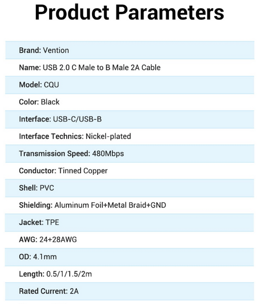 Кабель Type-C-Type-B 2.0 Vention F/F PVC 2A 480Mbps Printer CQUBD фото