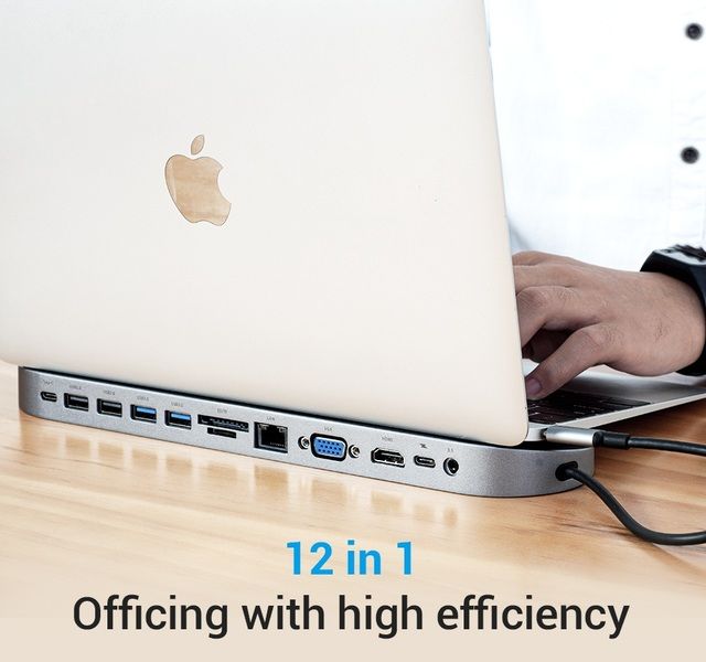 USB HUB 12 в 1 Vention Aluminum Type-C-HDMI-RJ45-VGA-3.5мм 4USB 3.1 Card Reader THEBC фото