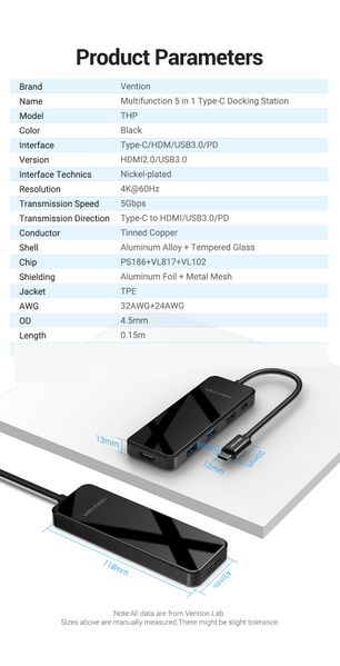 USB HUB Vention 5 в 1 Type-C-HDMI-USB-PD 4USB 3.0 100W 4K 60Hz 5Gbps THPBB фото