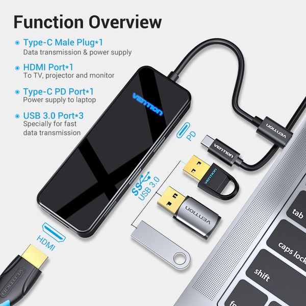 USB HUB Vention 5 в 1 Type-C-HDMI-USB-PD 4USB 3.0 100W 4K 60Hz 5Gbps THPBB фото