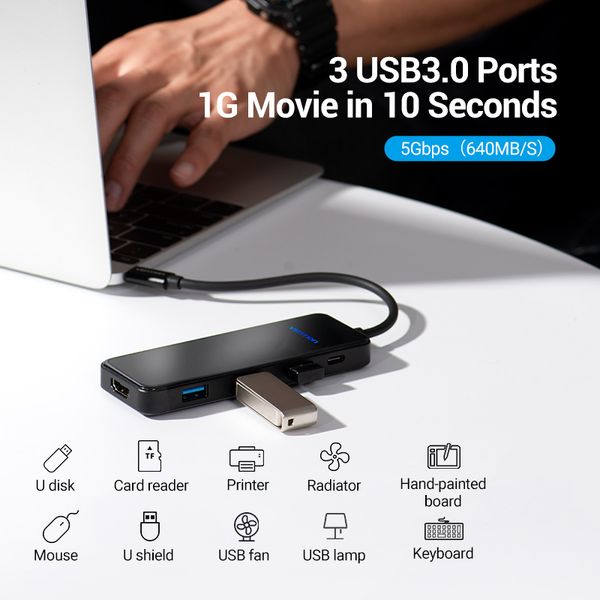 USB HUB Vention 5 в 1 Type-C-HDMI-USB-PD 4USB 3.0 100W 4K 60Hz 5Gbps THPBB фото