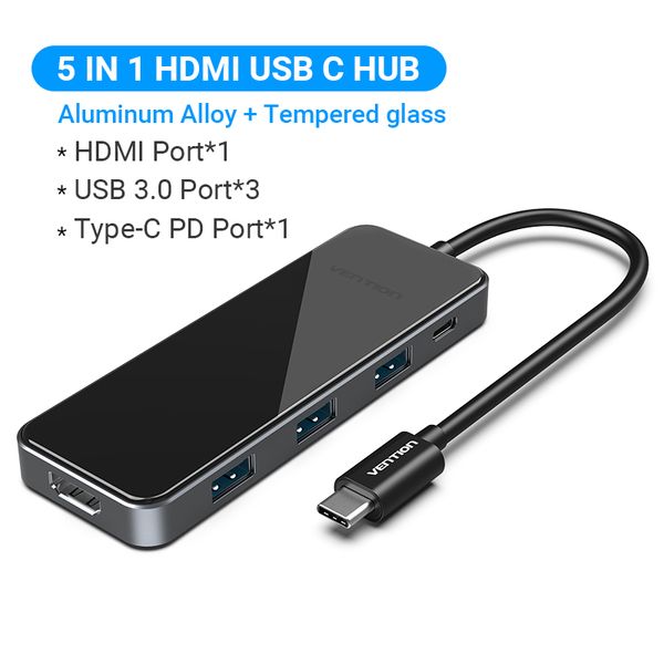 USB HUB Vention 5 в 1 Type-C-HDMI-USB-PD 4USB 3.0 100W 4K 60Hz 5Gbps THPBB фото