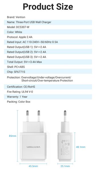 Адаптер сетевой 3USB Vention 17W QC3.0 2.4A DC5307-W фото