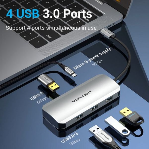 USB HUB 5 в 1 Vention Type-C-USB-MicroUSB 4USB 3.0 2A 5Gbps TNAHB фото