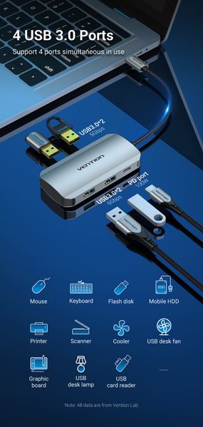 USB HUB 5 в 1 Vention Type-C-USB 4USB 3.0 PD 100W 5Gbps TNBHB фото