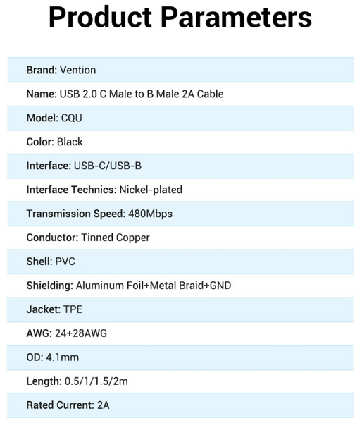 Кабель Type-C-Type-B 2.0 Vention F/F PVC 2A 480Mbps Printer CQUBH фото