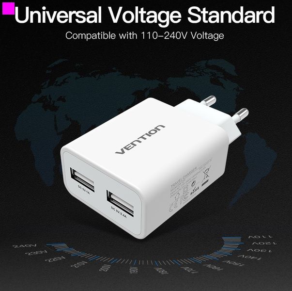 Адаптер мережевий Vention Dual USB Charger 2USB 2.4A DC5200-W фото