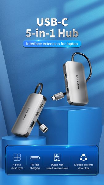 USB HUB 5 в 1 Vention Type-C-USB 4USB 3.0 2Type-C 3.1 1Gen PD 100W 5Gbps TNDHB фото