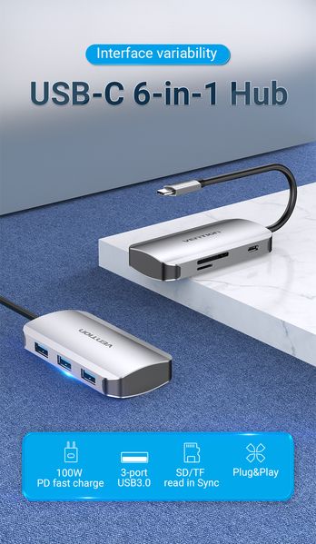 USB HUB 6 в 1 Vention Type-C-SD-TF-USB 3USB 3.0 1Type-C 3.1 PD 100W 5Gbps TNHHB фото