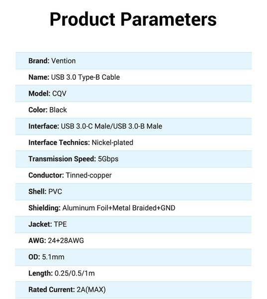 Кабель Type-C-Type-B 3.0 Vention PVC 5Gbps CQVBF фото