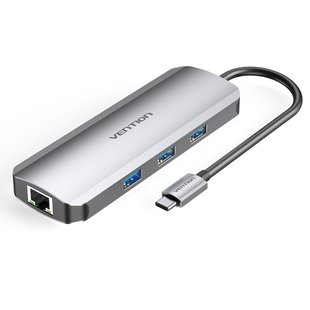 USB HUB 8 в 1 Vention Type-C-HDMI-RJ45-SD-TF-USB 3USB 3.0 1Type-C 3.1 PD 100W 4K 30Hz 5Gbps TOKHB фото