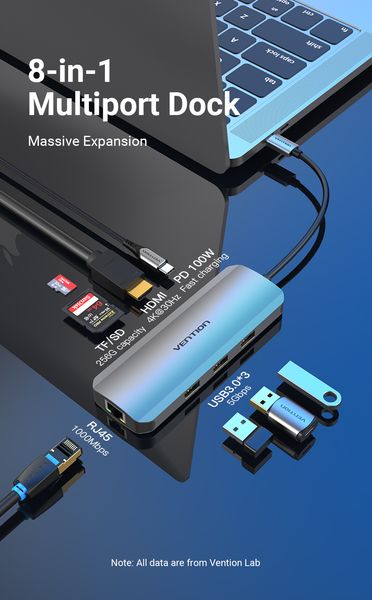 USB HUB 8 в 1 Vention Type-C-HDMI-RJ45-SD-TF-USB 3USB 3.0 1Type-C 3.1 PD 100W 4K 30Hz 5Gbps TOKHB фото