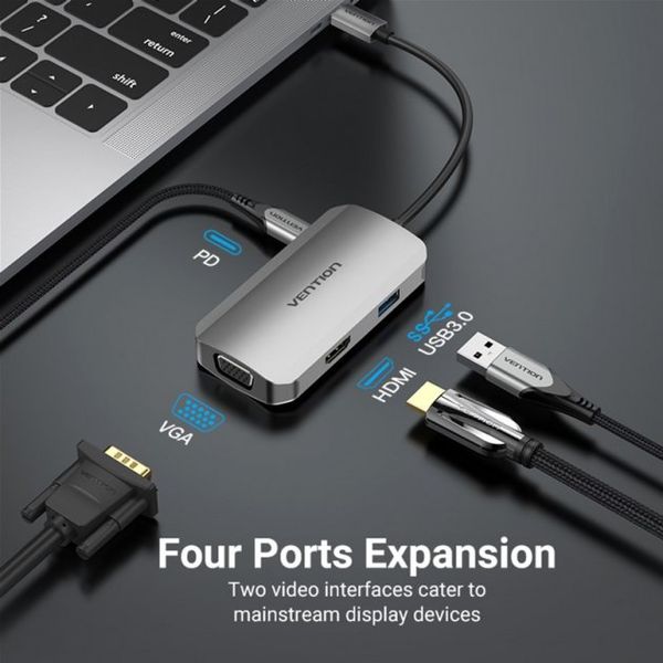 USB HUB 4 в 1 Vention Type-C-HDMI-VGA-USB 1USB 3.0 1Type-C 3.1 PD 100W 4K 30Hz 5Gbps TOAHB фото