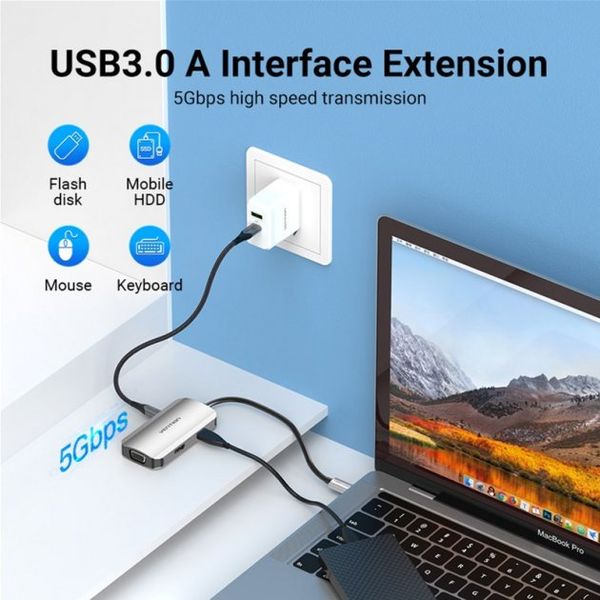 USB HUB 4 в 1 Vention Type-C-HDMI-VGA-USB 1USB 3.0 1Type-C 3.1 PD 100W 4K 30Hz 5Gbps TOAHB фото