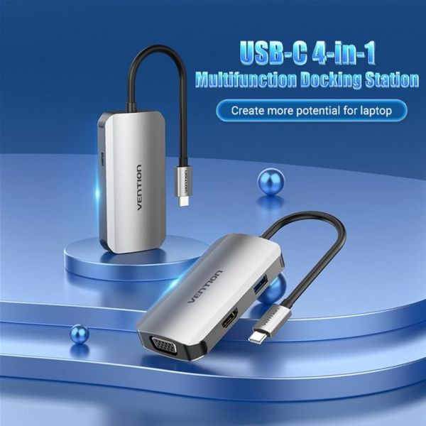 USB HUB 4 в 1 Vention Type-C-HDMI-VGA-USB 1USB 3.0 1Type-C 3.1 PD 100W 4K 30Hz 5Gbps TOAHB фото